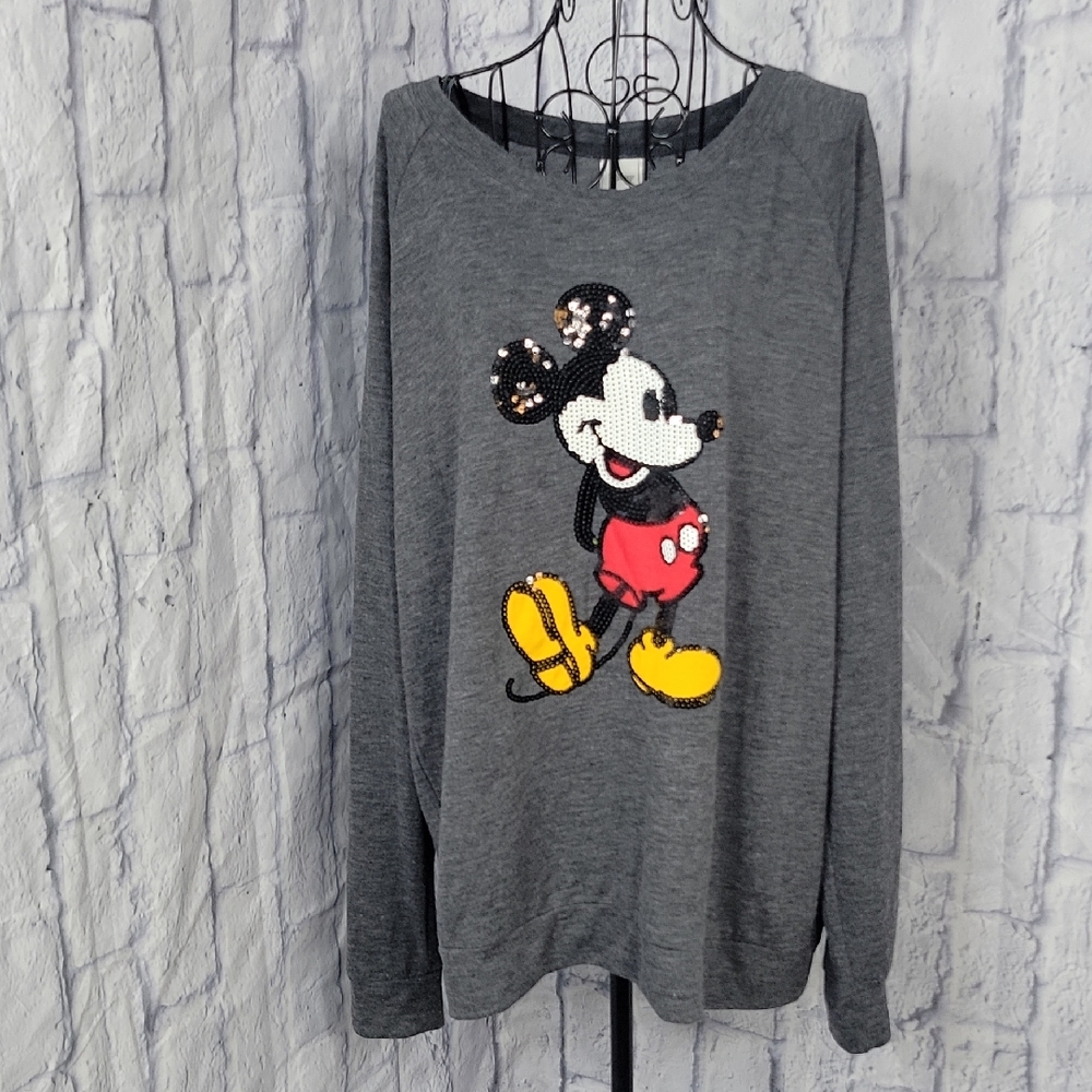 Disney Gray Mickey Mouse Sequin Long Sleeve Blouse XXG‎
